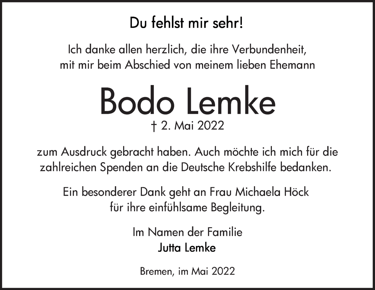 Traueranzeige von Bodo Lemke von WESER-KURIER