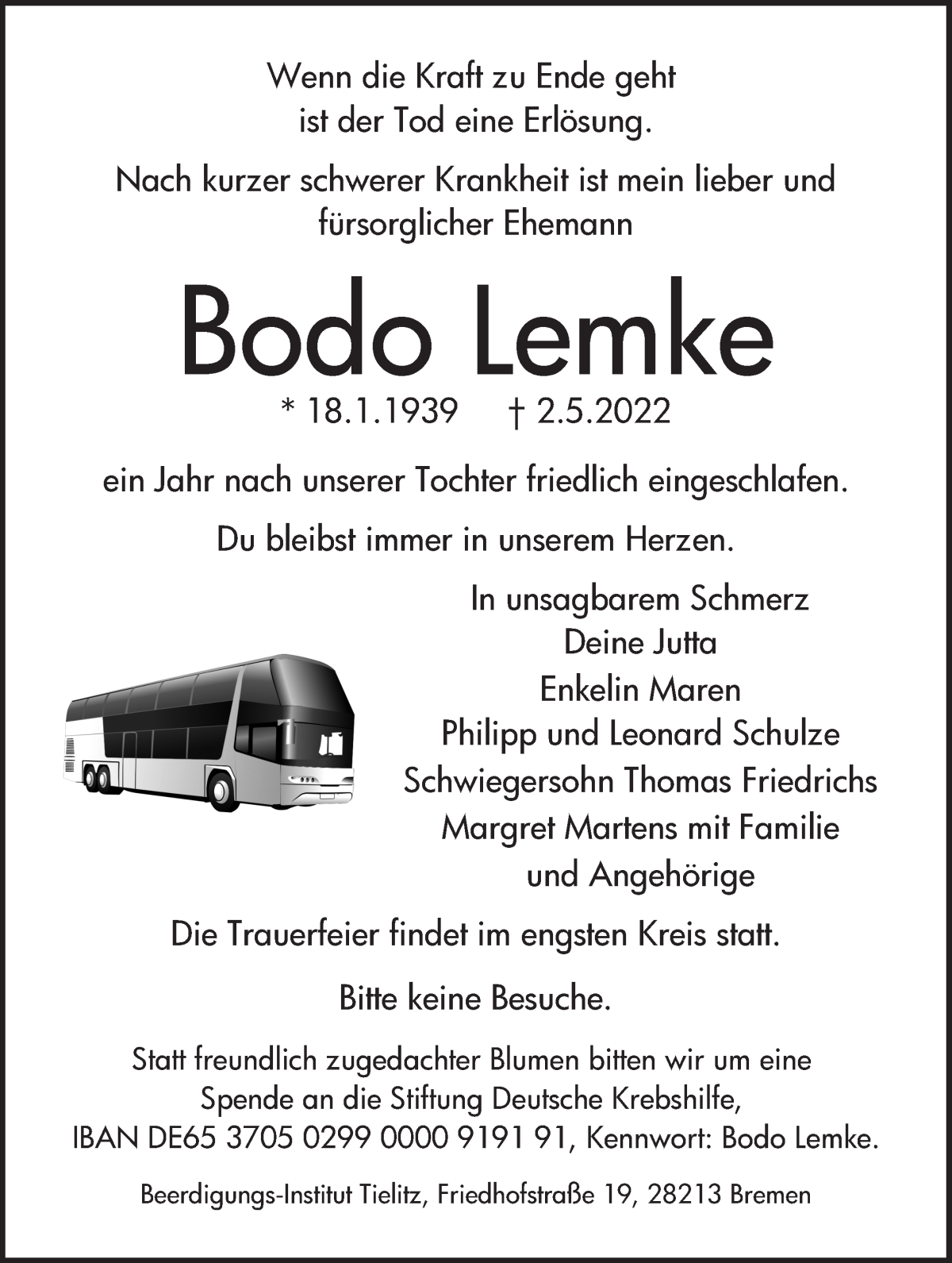 Traueranzeige von Bodo Lemke von WESER-KURIER