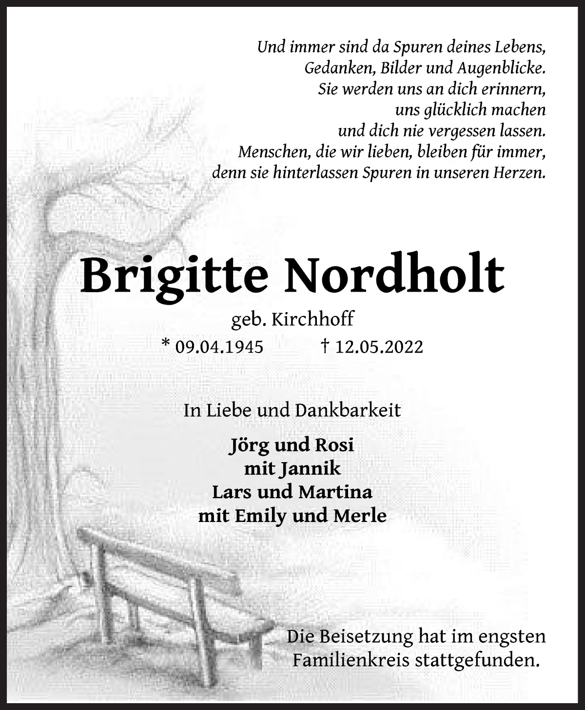 Traueranzeige von Brigitte Nordholt von Die Norddeutsche
