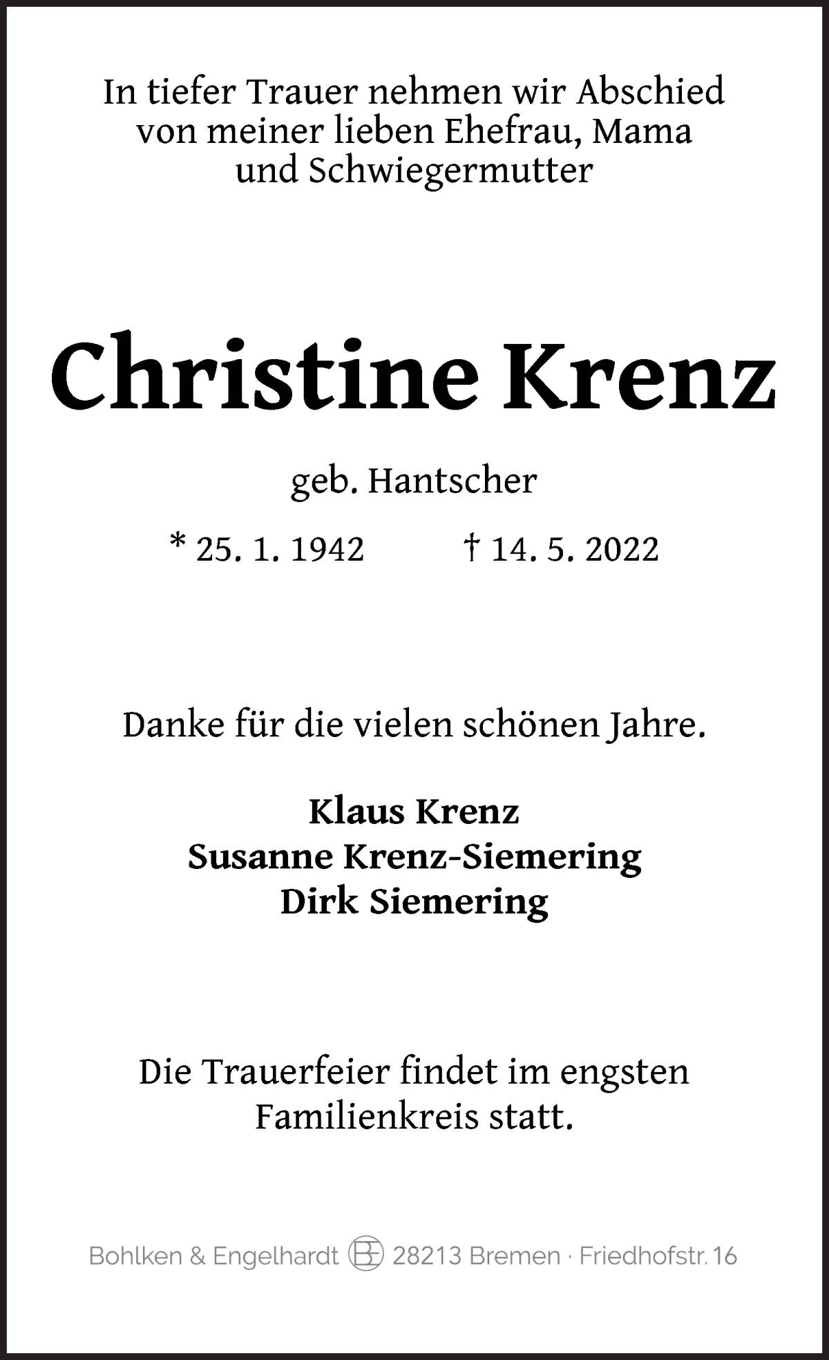 Traueranzeige von Christine Krenz von WESER-KURIER