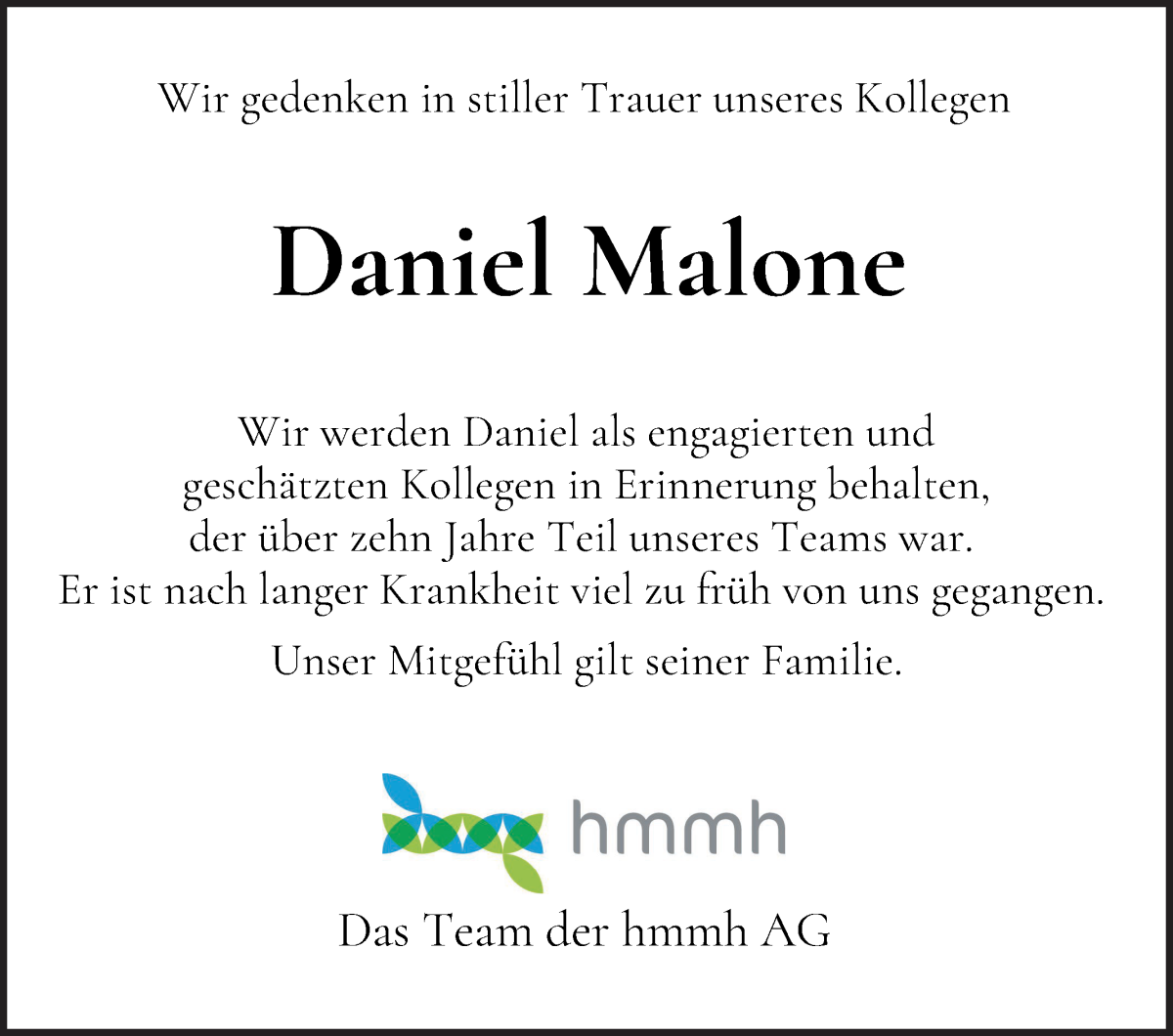 Traueranzeige von Daniel Malone von WESER-KURIER