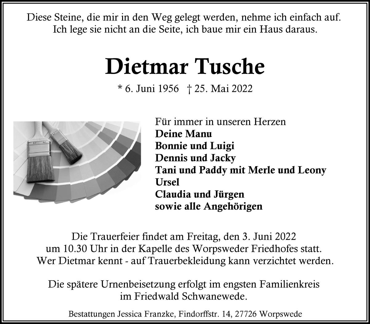 Traueranzeige von Dietmar Tusche von Wuemme Zeitung