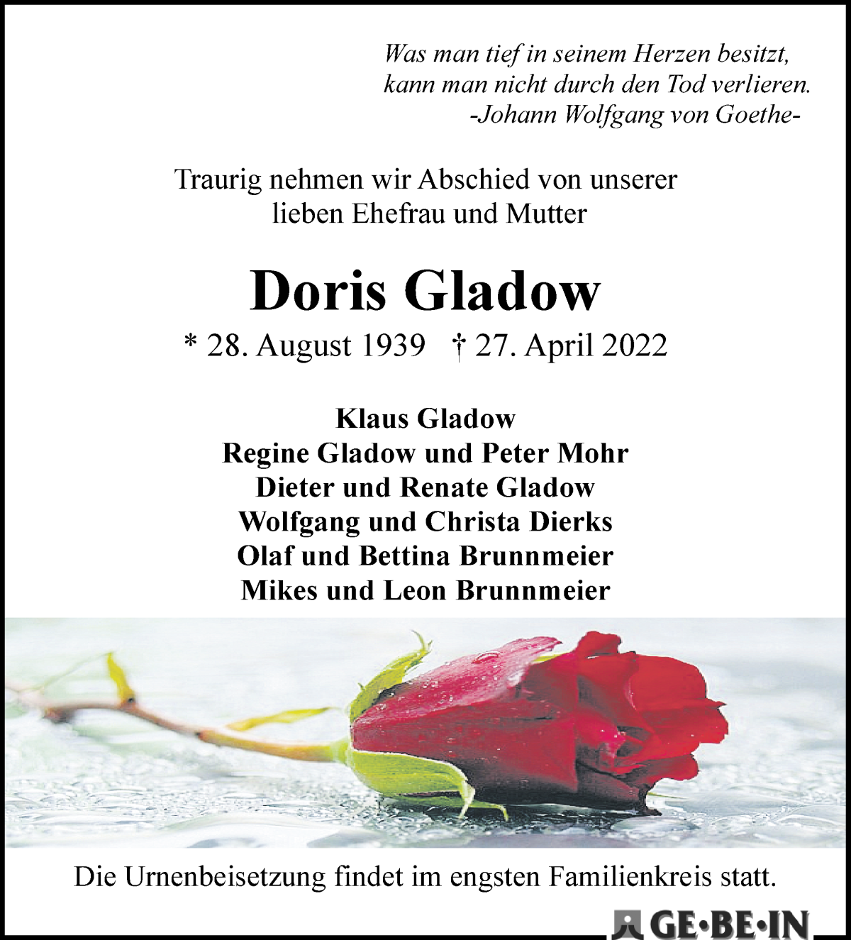 Traueranzeige von Doris Gladow von WESER-KURIER