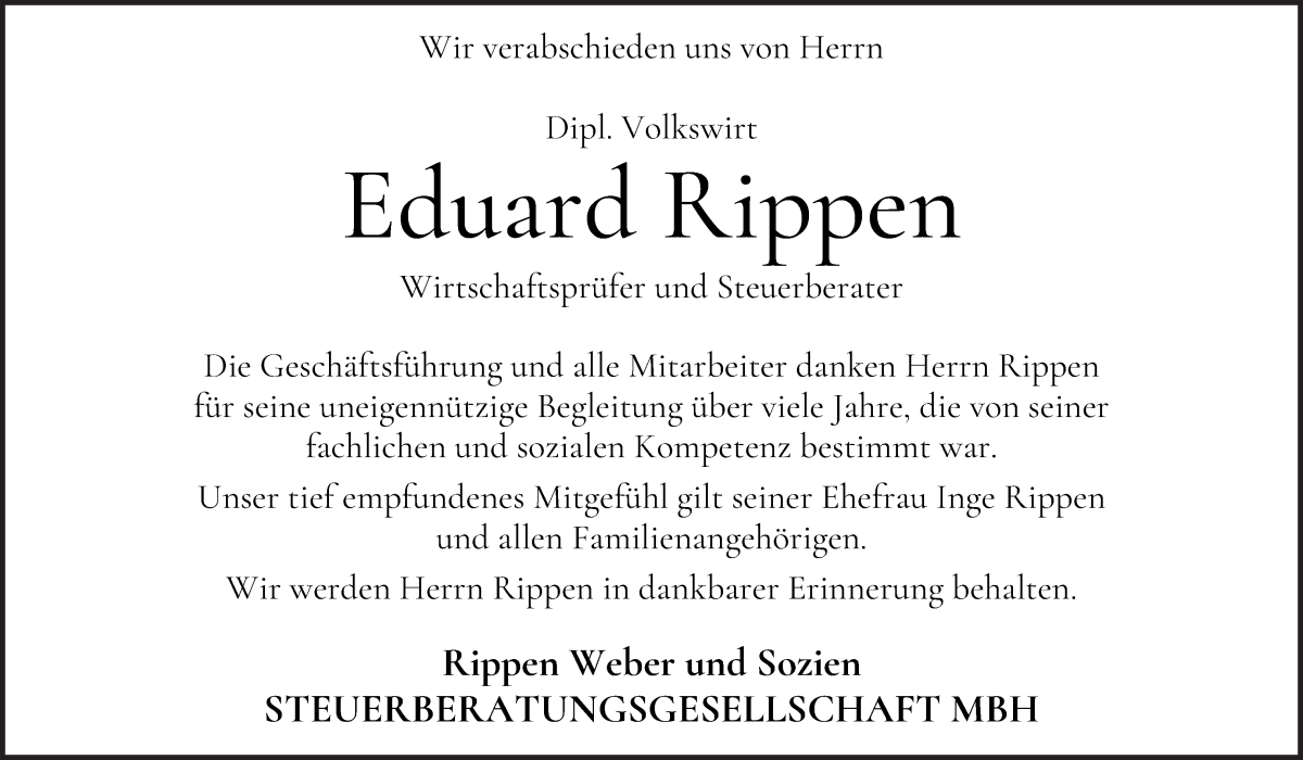 Traueranzeige von Eduard Rippen von WESER-KURIER