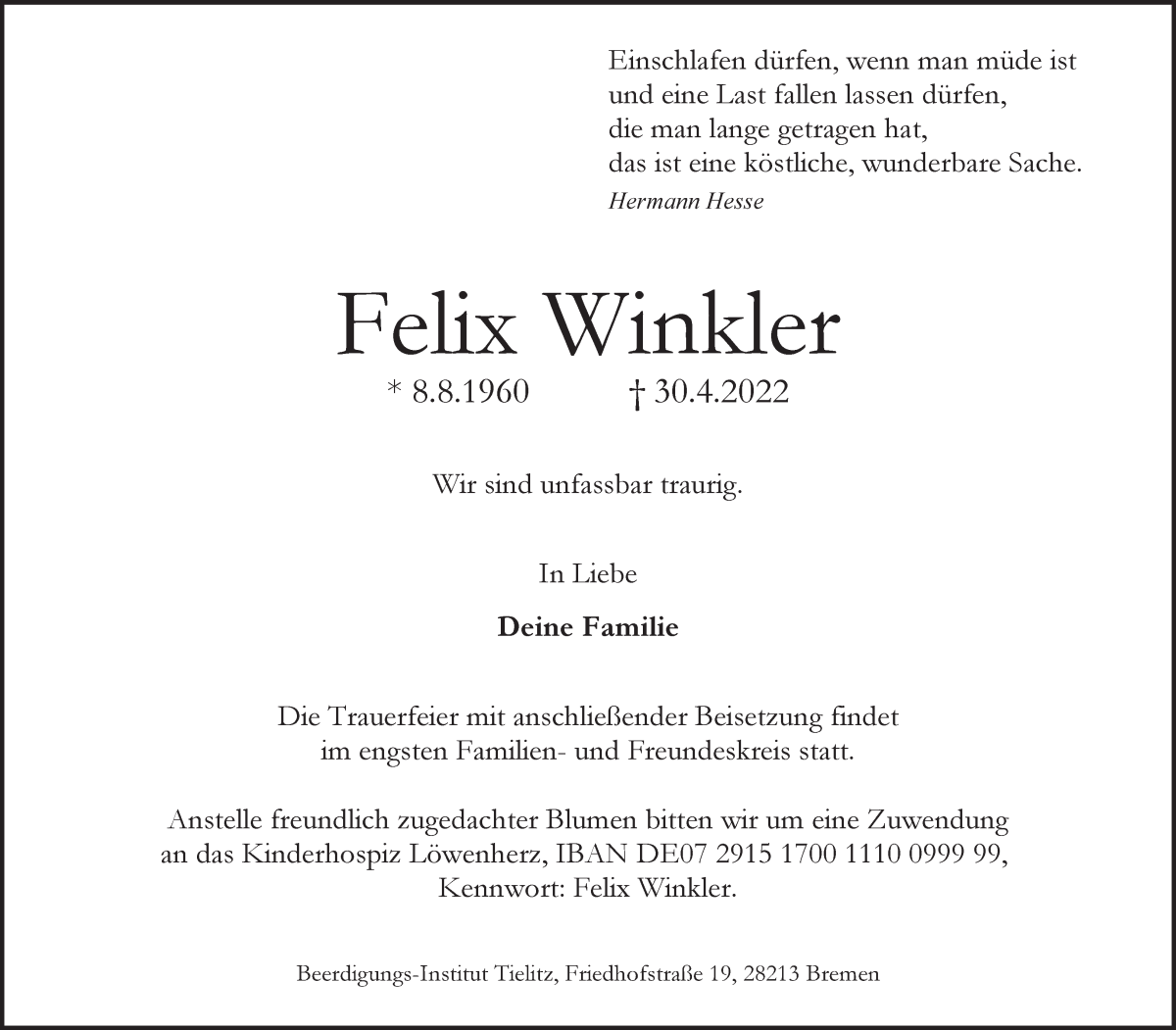 Traueranzeige von Felix Winkler von WESER-KURIER