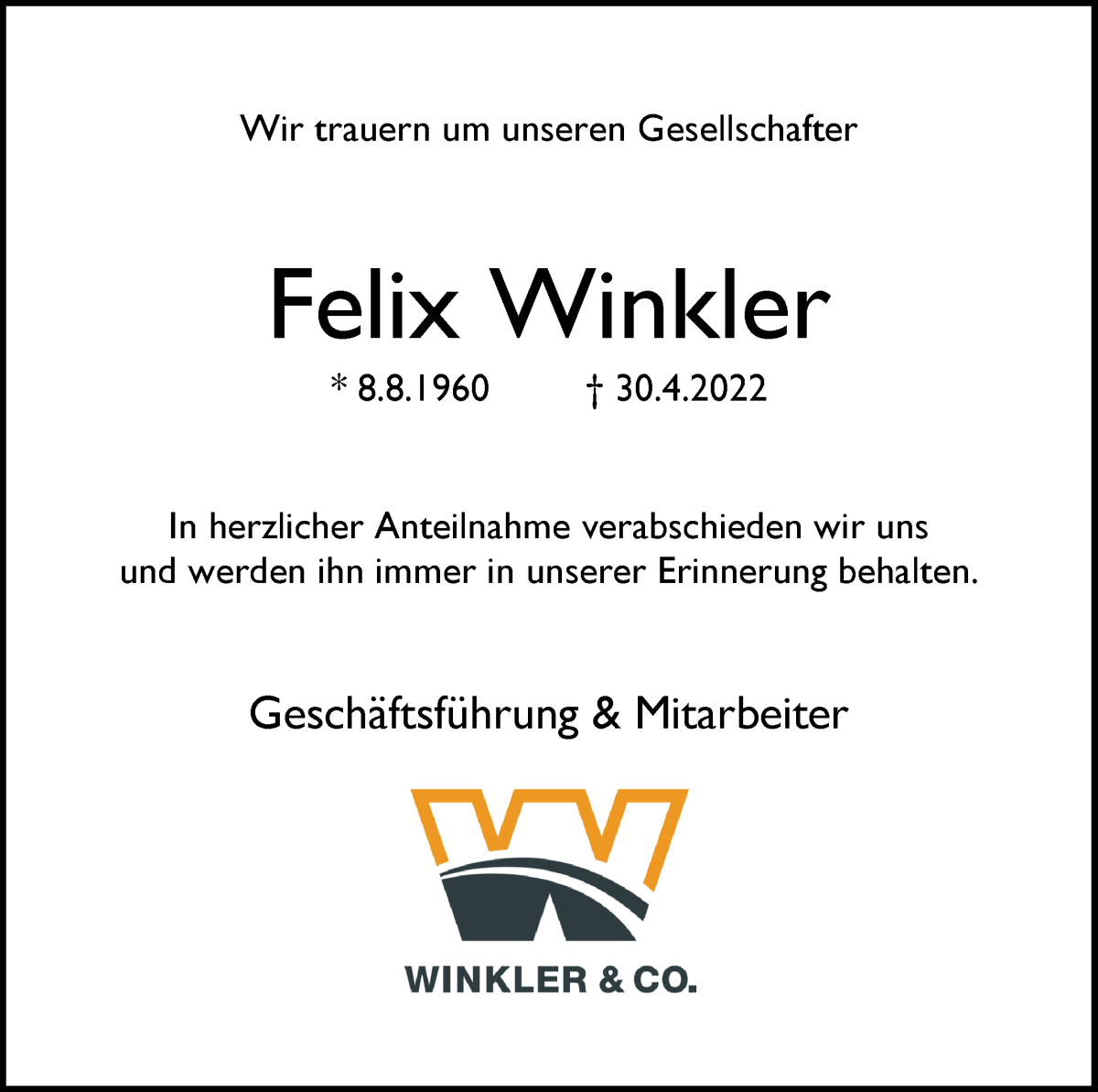 Traueranzeige von Felix Winkler von WESER-KURIER