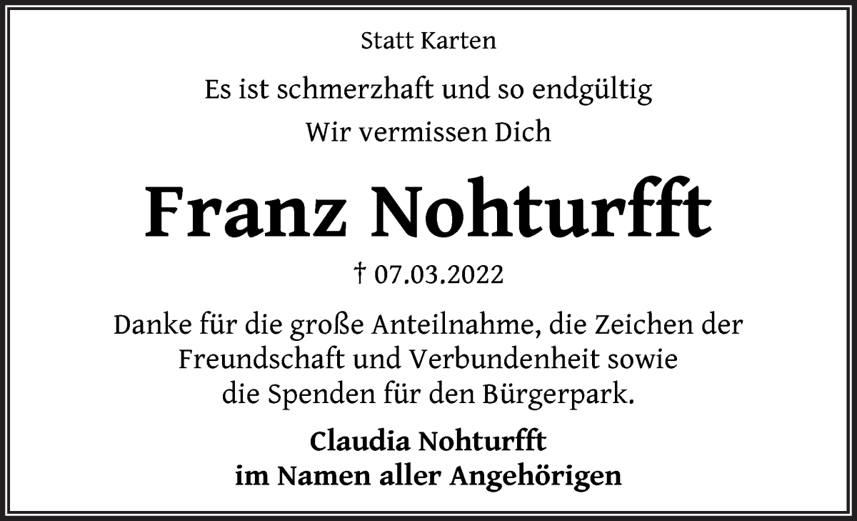 Traueranzeige von Franz Nohturfft von WESER-KURIER