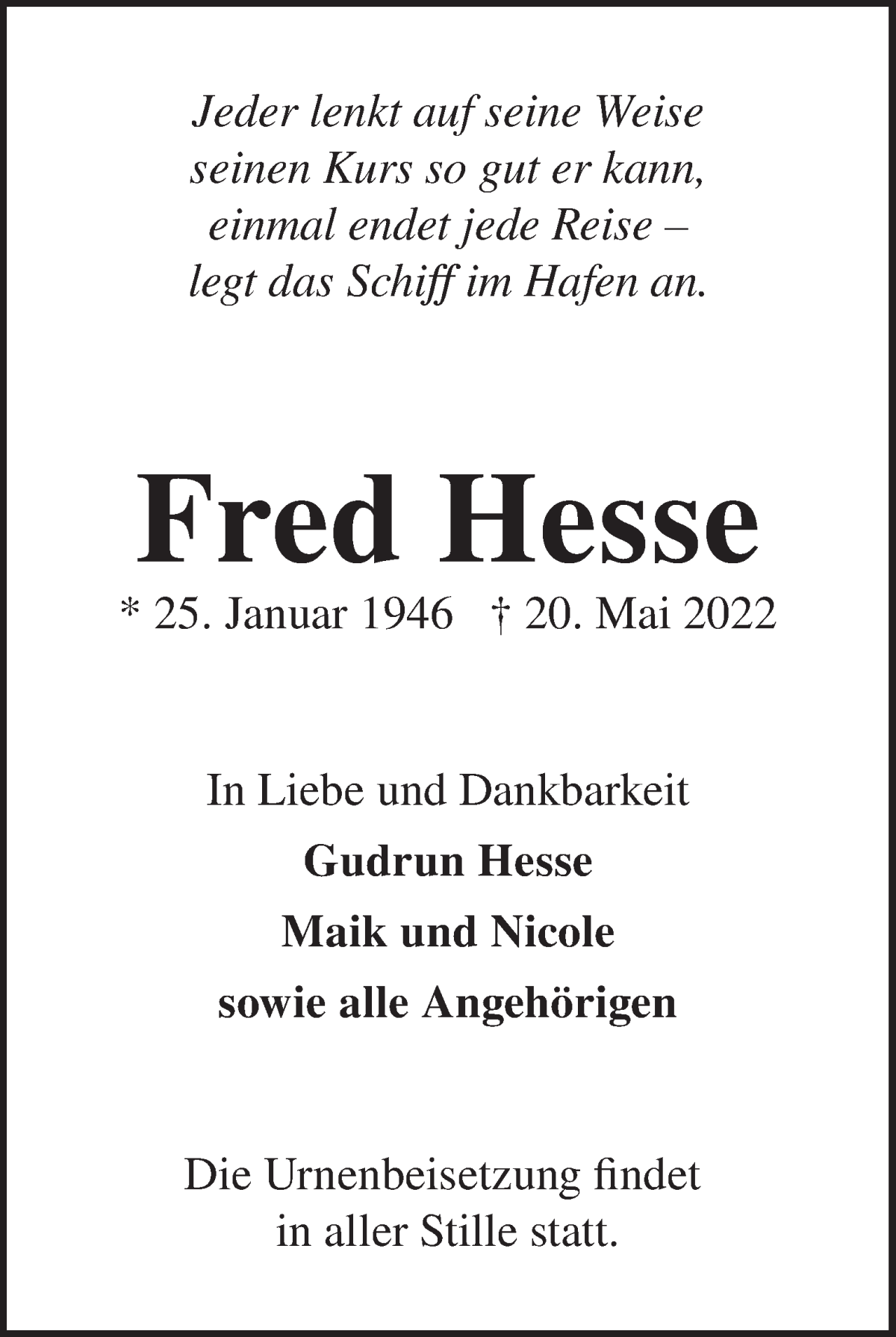 Traueranzeige von Fred Hesse von WESER-KURIER