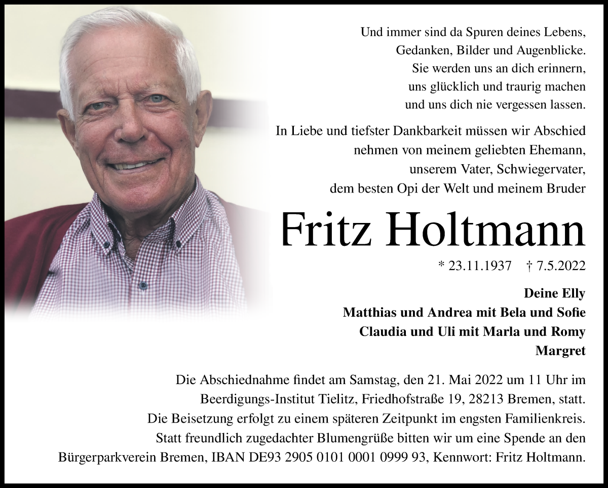 Traueranzeige von Fritz Holtmann von WESER-KURIER