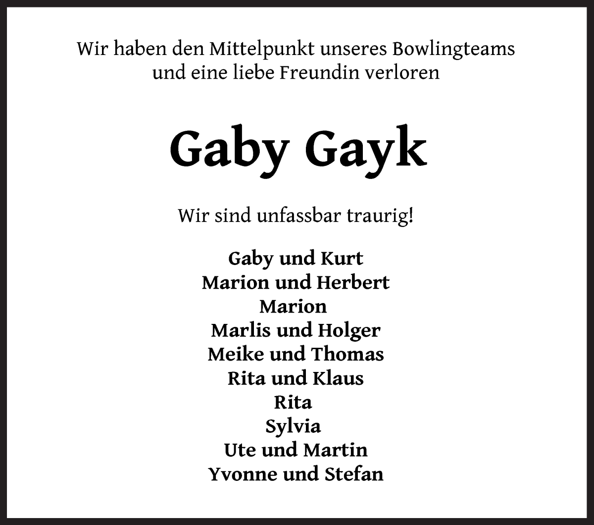 Traueranzeige von Gaby Gayk von Die Norddeutsche