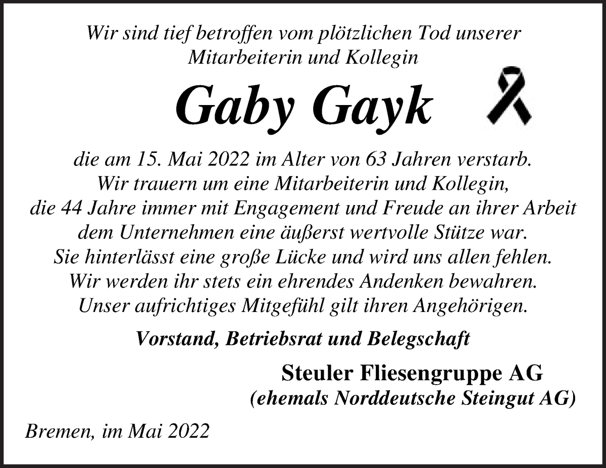 Traueranzeige von Gaby Gayk von Die Norddeutsche