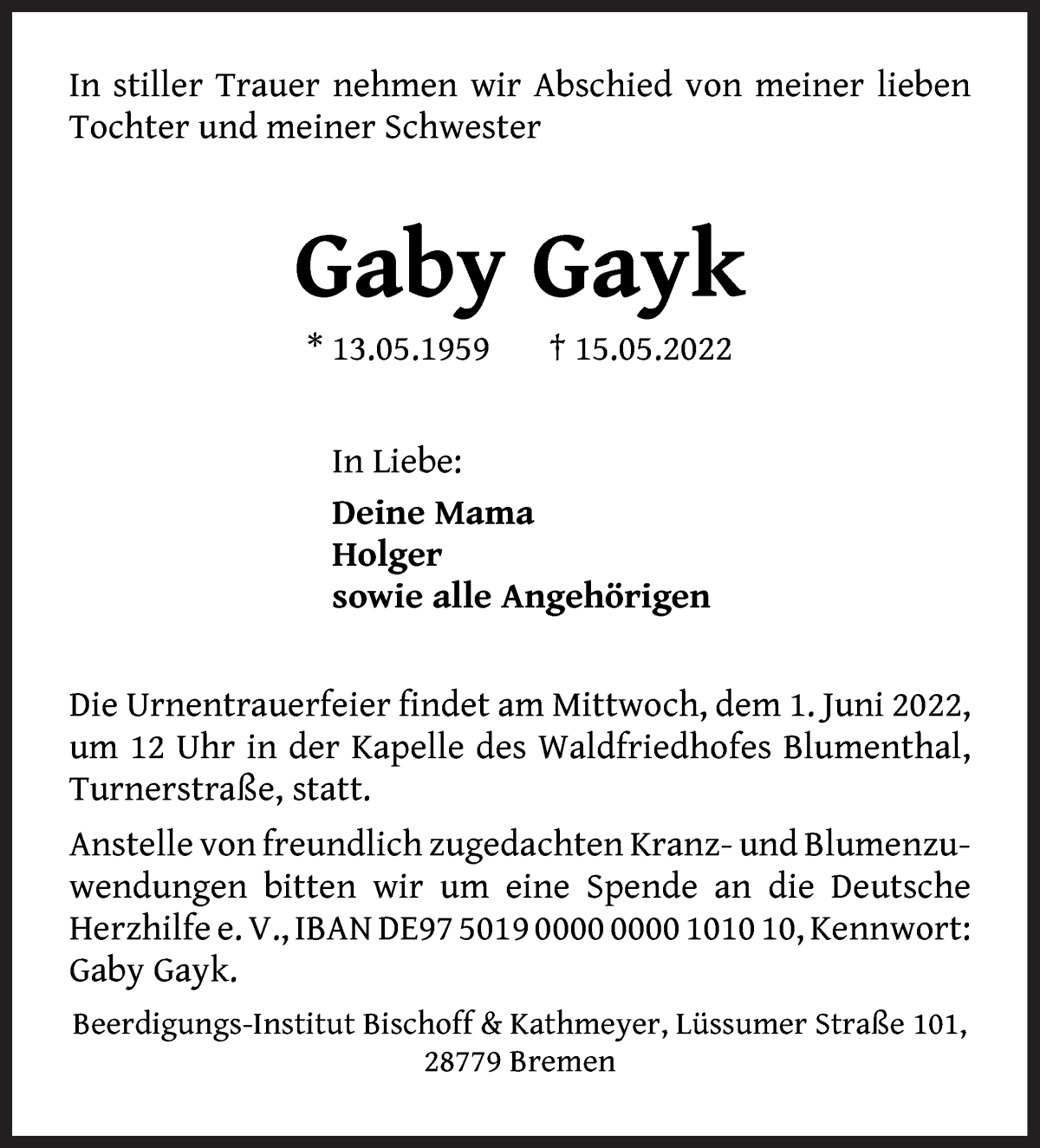 Traueranzeige von Gaby Gayk von Die Norddeutsche