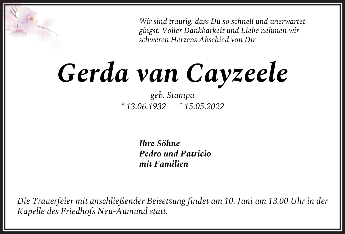 Traueranzeige von Gerda van Cayzeele von Die Norddeutsche