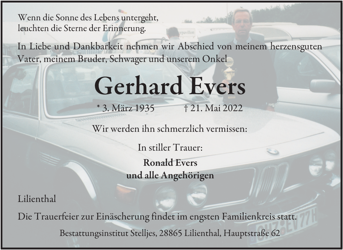 Traueranzeige von Gerhard Evers von Wuemme Zeitung