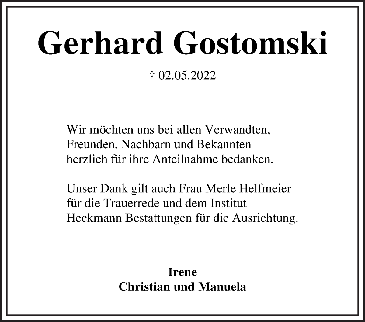 Traueranzeige von Gerhard Gostomski von Die Norddeutsche