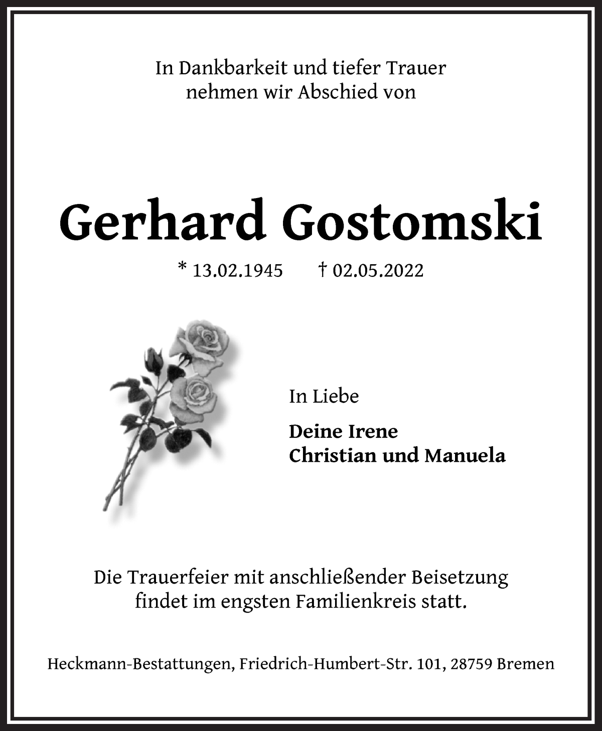 Traueranzeige von Gerhard Gostomski von Die Norddeutsche