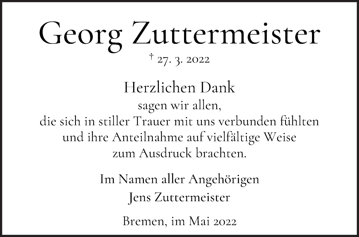 Traueranzeige von Goerg Zuttermeister von WESER-KURIER