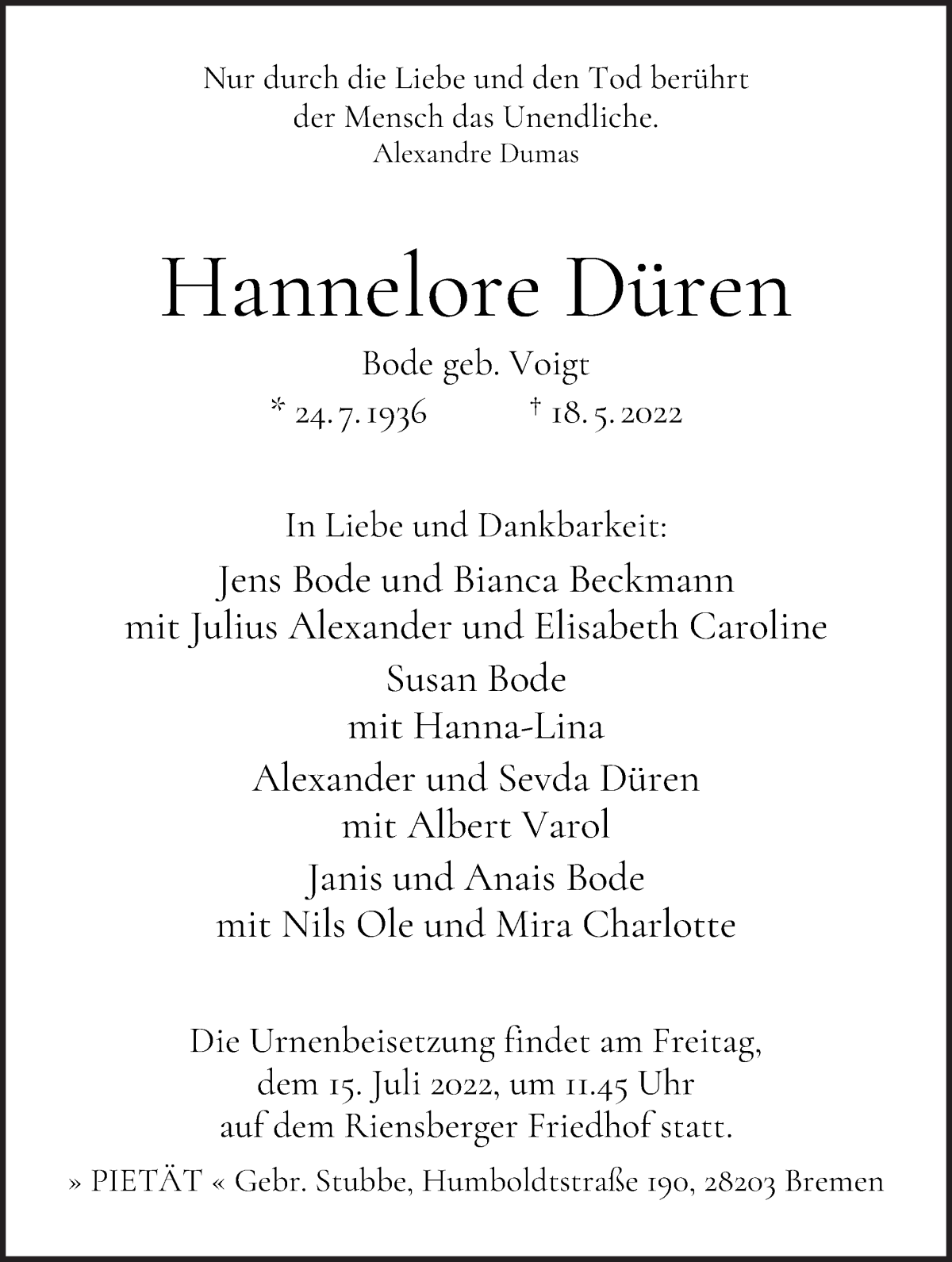 Traueranzeige von Hannelore Düren von WESER-KURIER