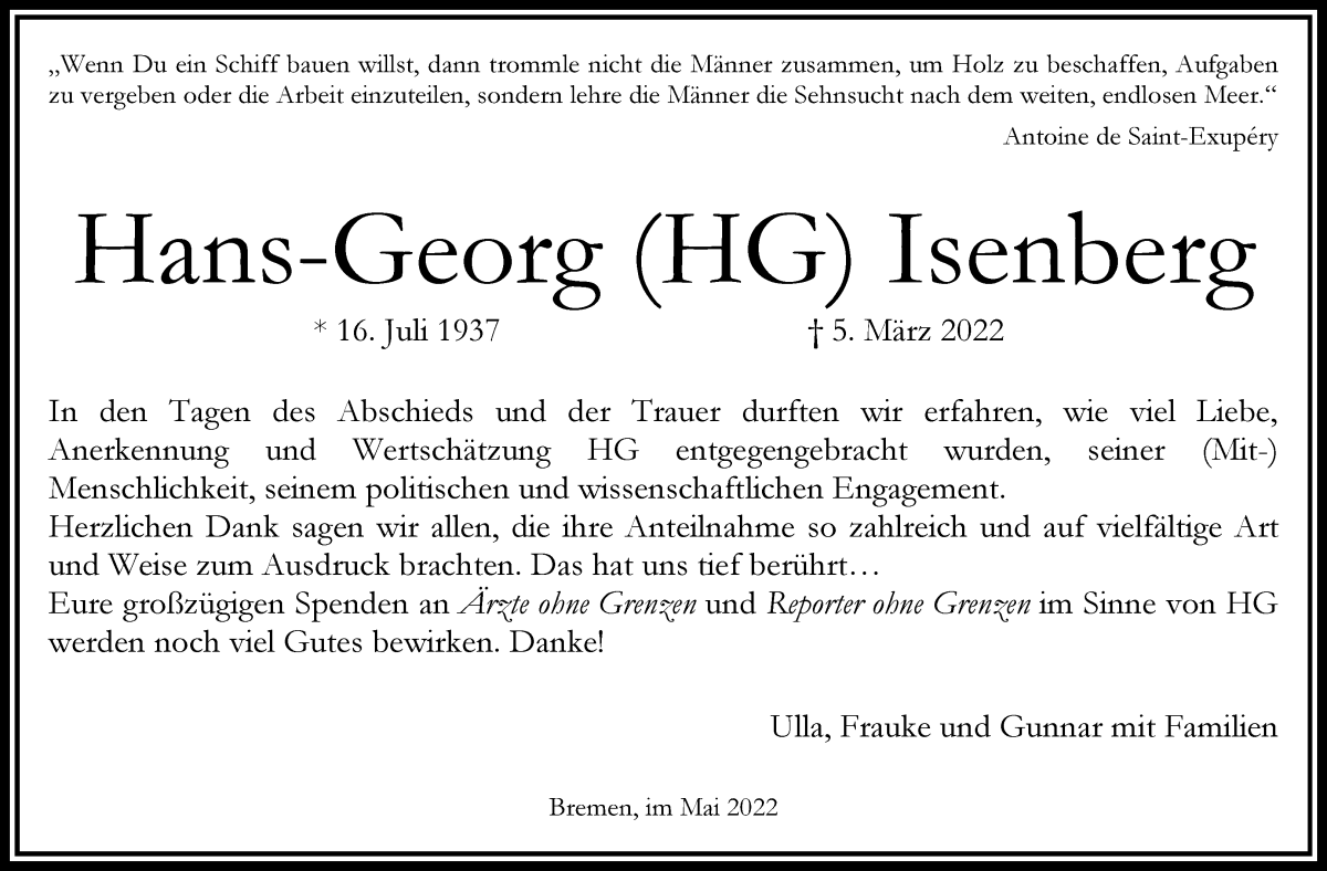 Traueranzeige von Hans-Georg (HG) Isenberg von WESER-KURIER
