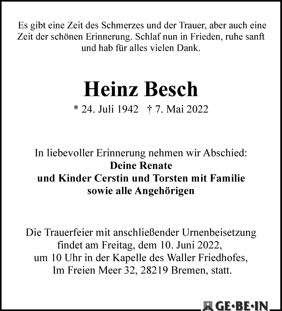 Traueranzeige von Heinz Besch von WESER-KURIER
