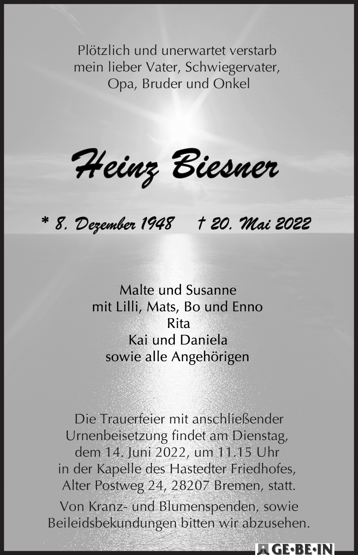 Traueranzeige von Heinz Biesner von WESER-KURIER
