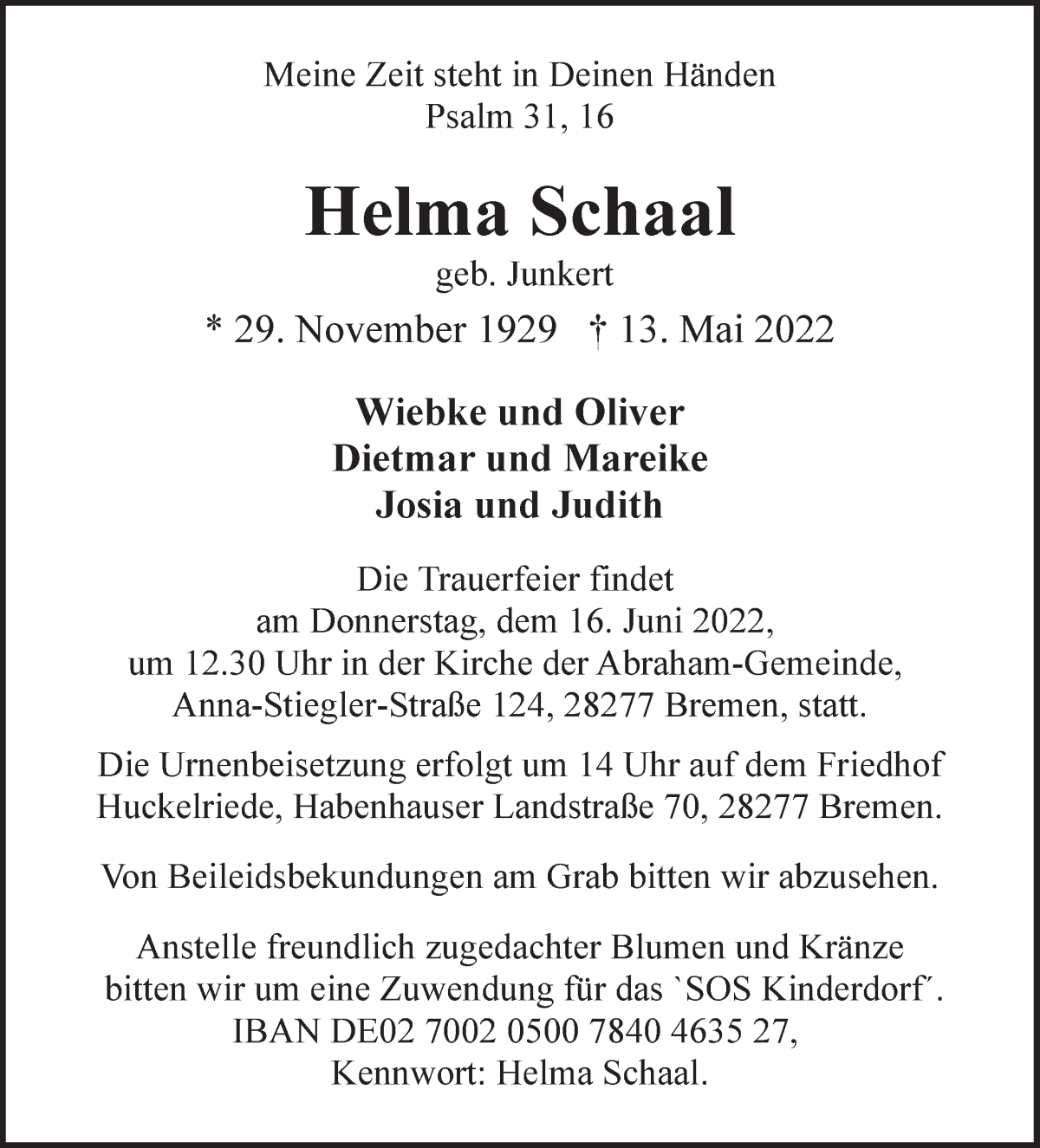 Traueranzeige von Helma Schaal von WESER-KURIER