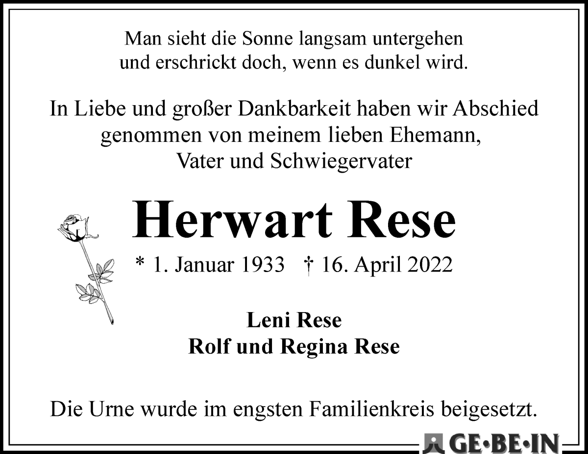 Traueranzeige von Herwart Rese von WESER-KURIER
