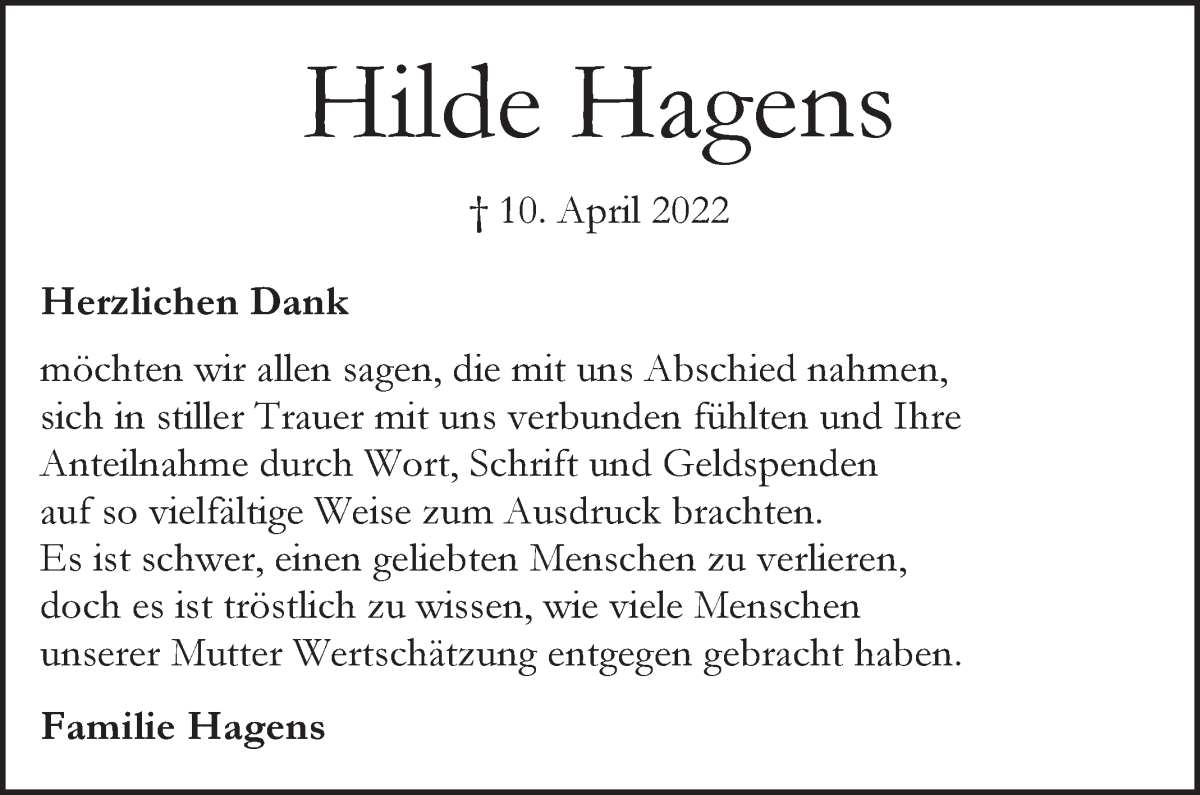 Traueranzeige von Hilde Hagens von WESER-KURIER