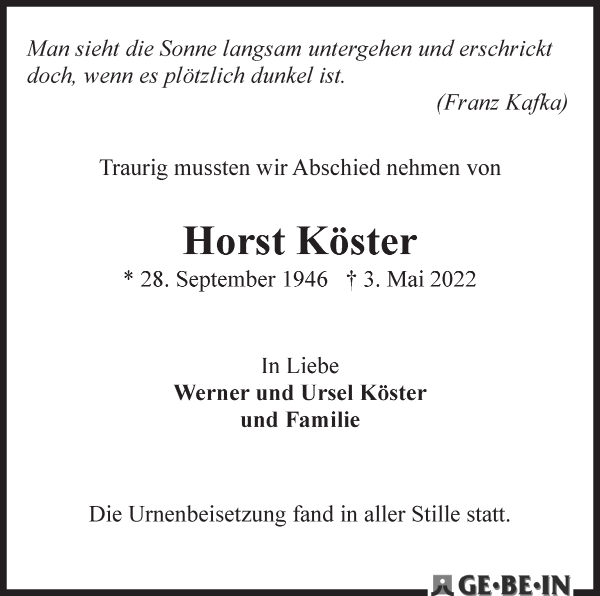 Traueranzeige von Horst Köster von WESER-KURIER