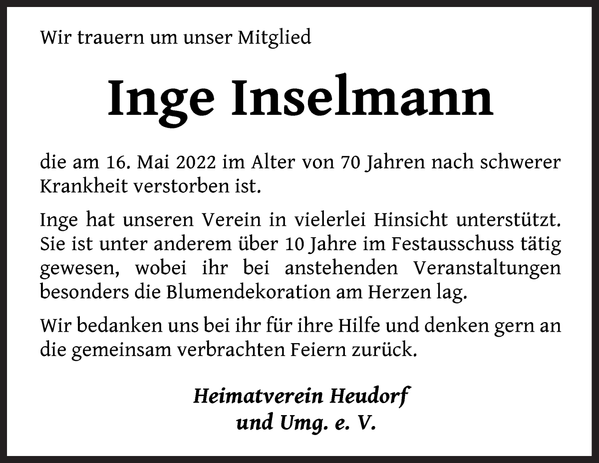 Traueranzeige von Inge Inselmann von Wuemme Zeitung