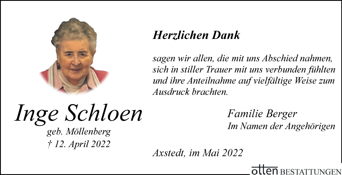 Traueranzeige von Inge Schloen von Osterholzer Kreisblatt