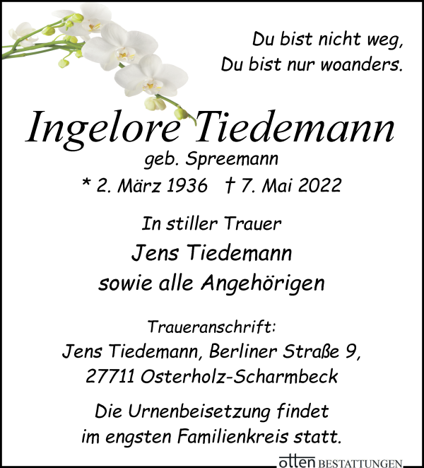 Traueranzeige von Ingelore Tiedemann von Osterholzer Kreisblatt