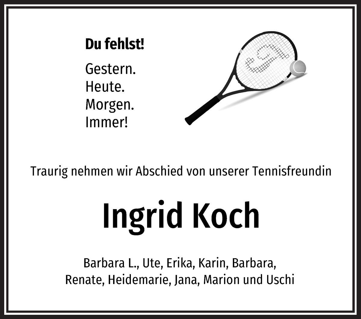 Traueranzeige von Ingrid Koch von Wuemme Zeitung