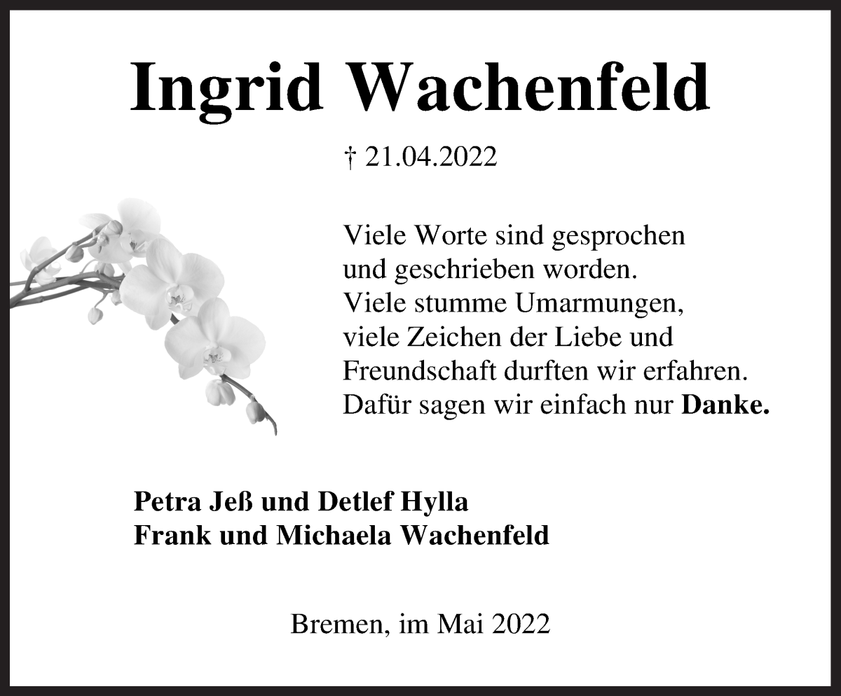 Traueranzeige von Ingrid Wachenfeld von Die Norddeutsche
