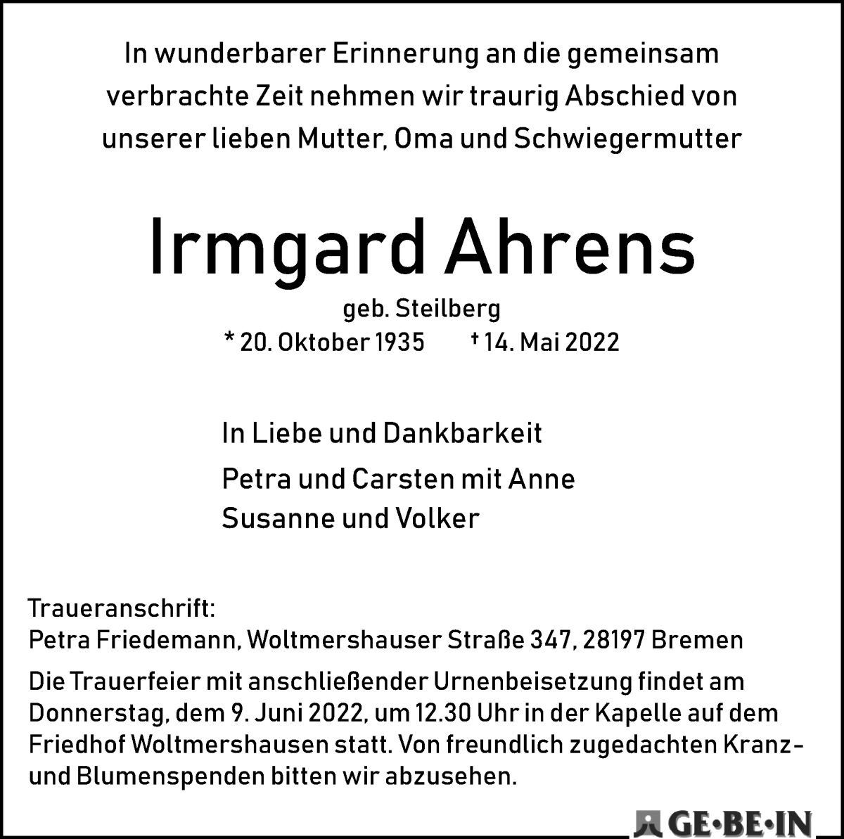 Traueranzeige von Irmgard Ahrens von WESER-KURIER