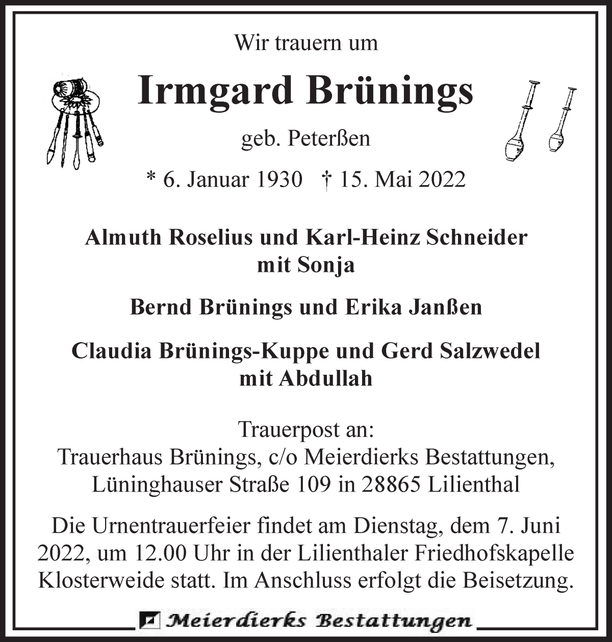 Traueranzeige von Irmgard Brünings von WESER-KURIER