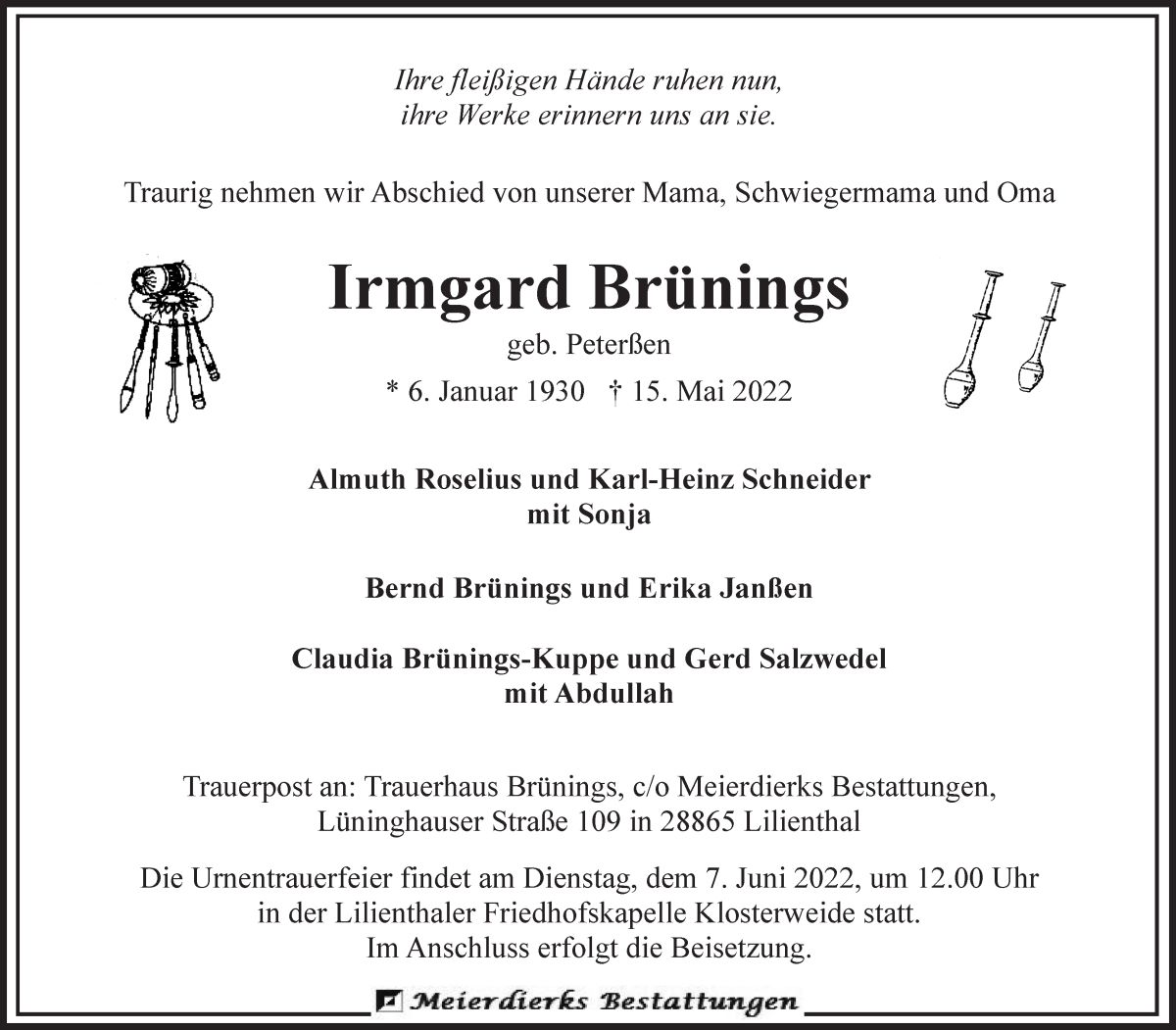 Traueranzeige von Irmgard Brünings von Wuemme Zeitung