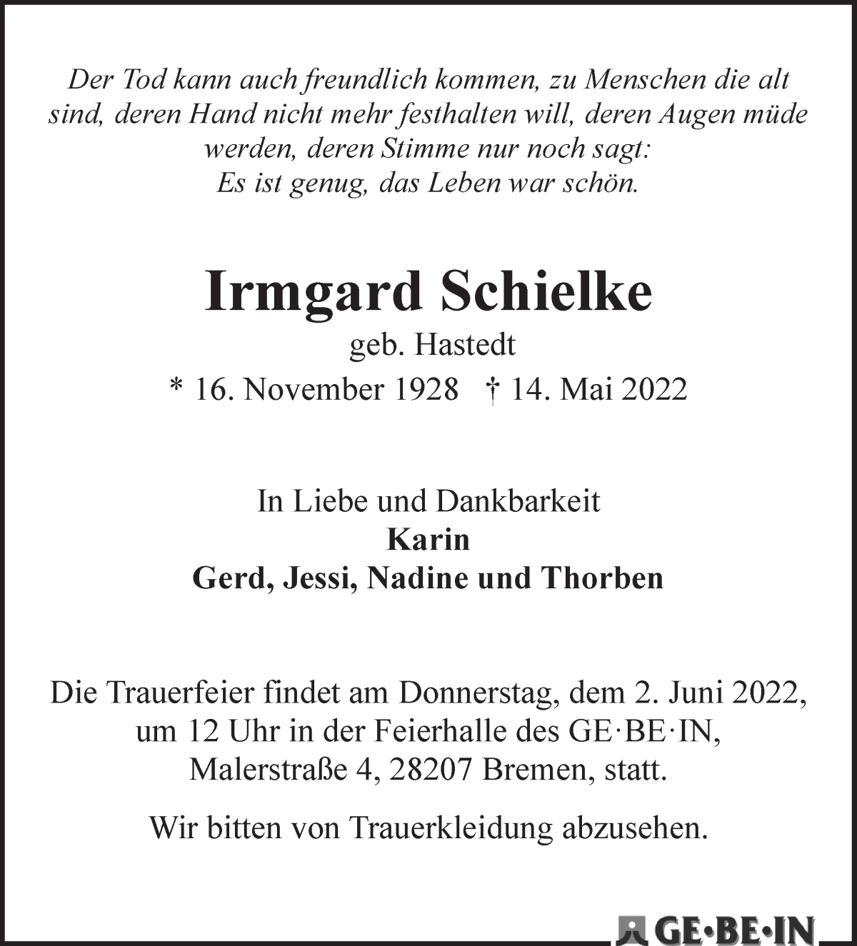 Traueranzeige von Irmgard Schielke von WESER-KURIER