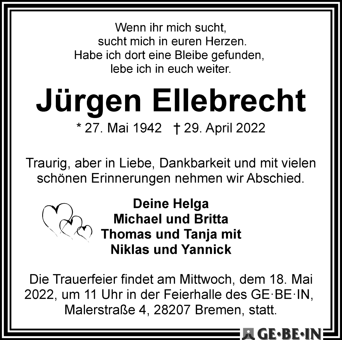 Traueranzeige von Jürgen Ellebrecht von WESER-KURIER