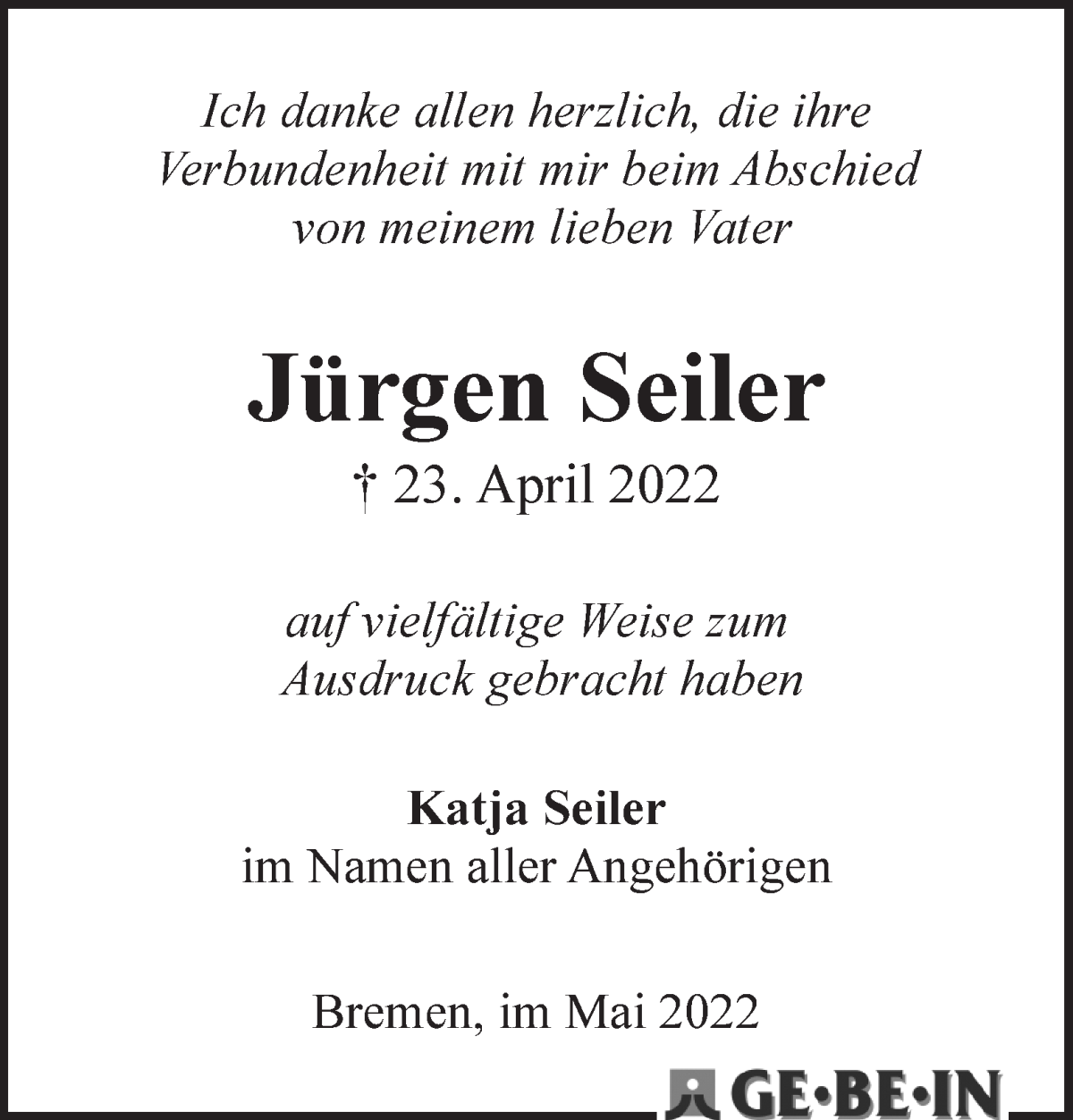 Traueranzeige von Jürgen Seiler von WESER-KURIER
