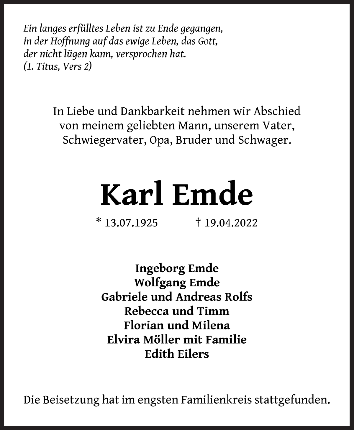 Traueranzeige von Karl Emde von Die Norddeutsche