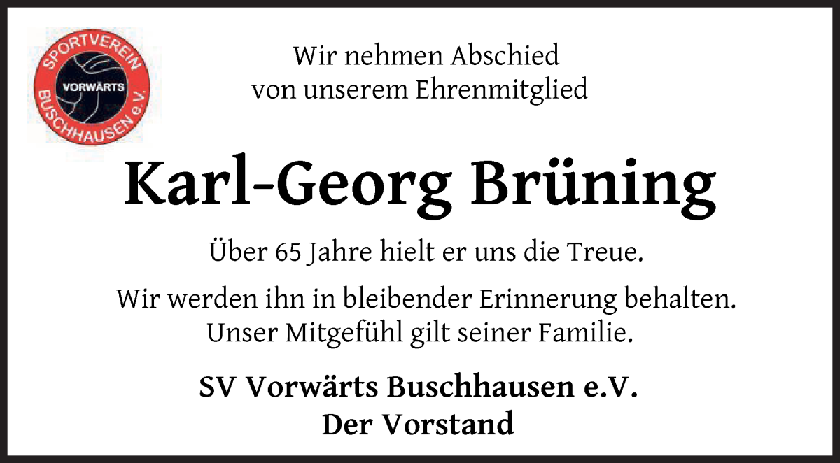 Traueranzeige von Karl-Georg Brüning von Osterholzer Kreisblatt