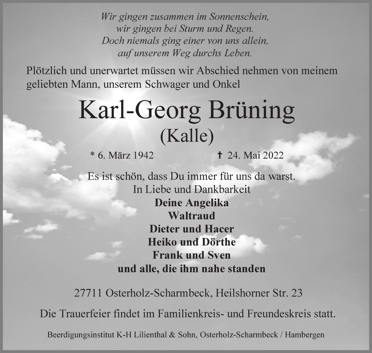Traueranzeige von Karl-Georg Brüning von Osterholzer Kreisblatt