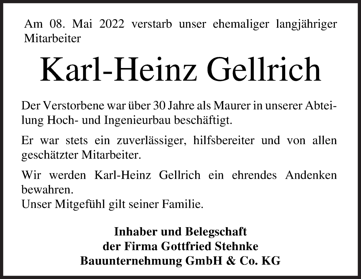 Traueranzeige von Karl-Heinz Gellrich von Osterholzer Kreisblatt