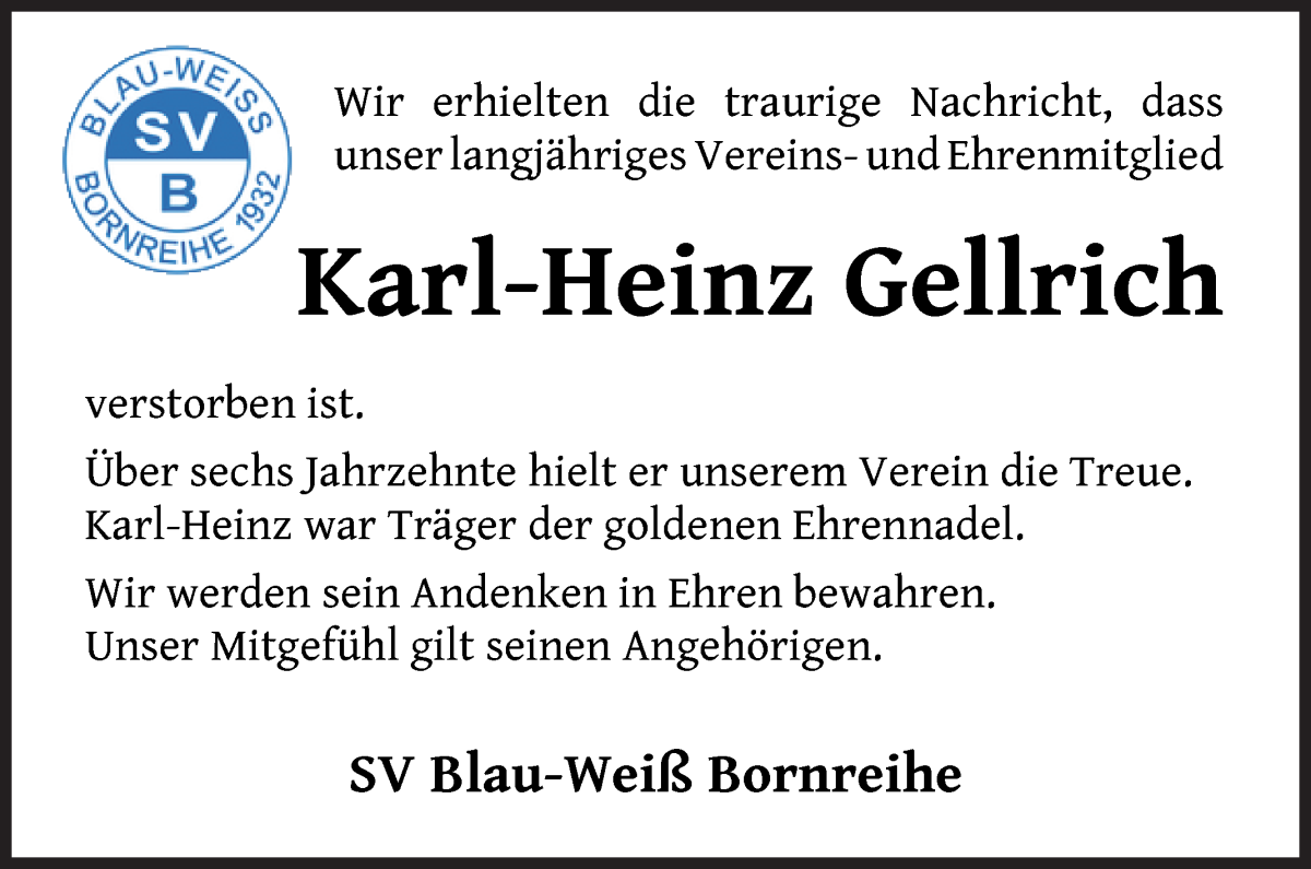 Traueranzeige von Karl-Heinz Gellrich von Osterholzer Kreisblatt
