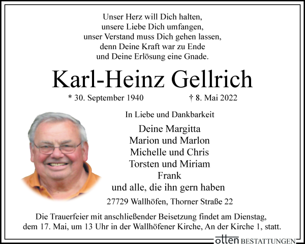 Traueranzeige von Karl-Heinz Gellrich von Osterholzer Kreisblatt