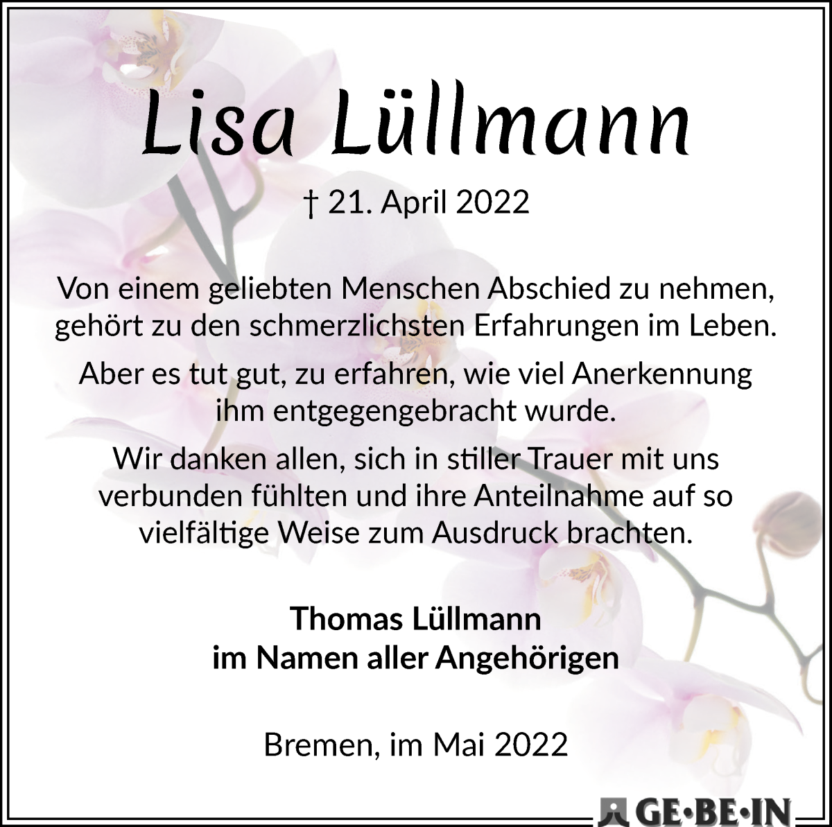 Traueranzeige von Lisa Lüllmann von WESER-KURIER