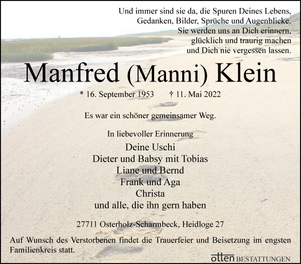 Traueranzeige von Manfred Klein von Osterholzer Kreisblatt