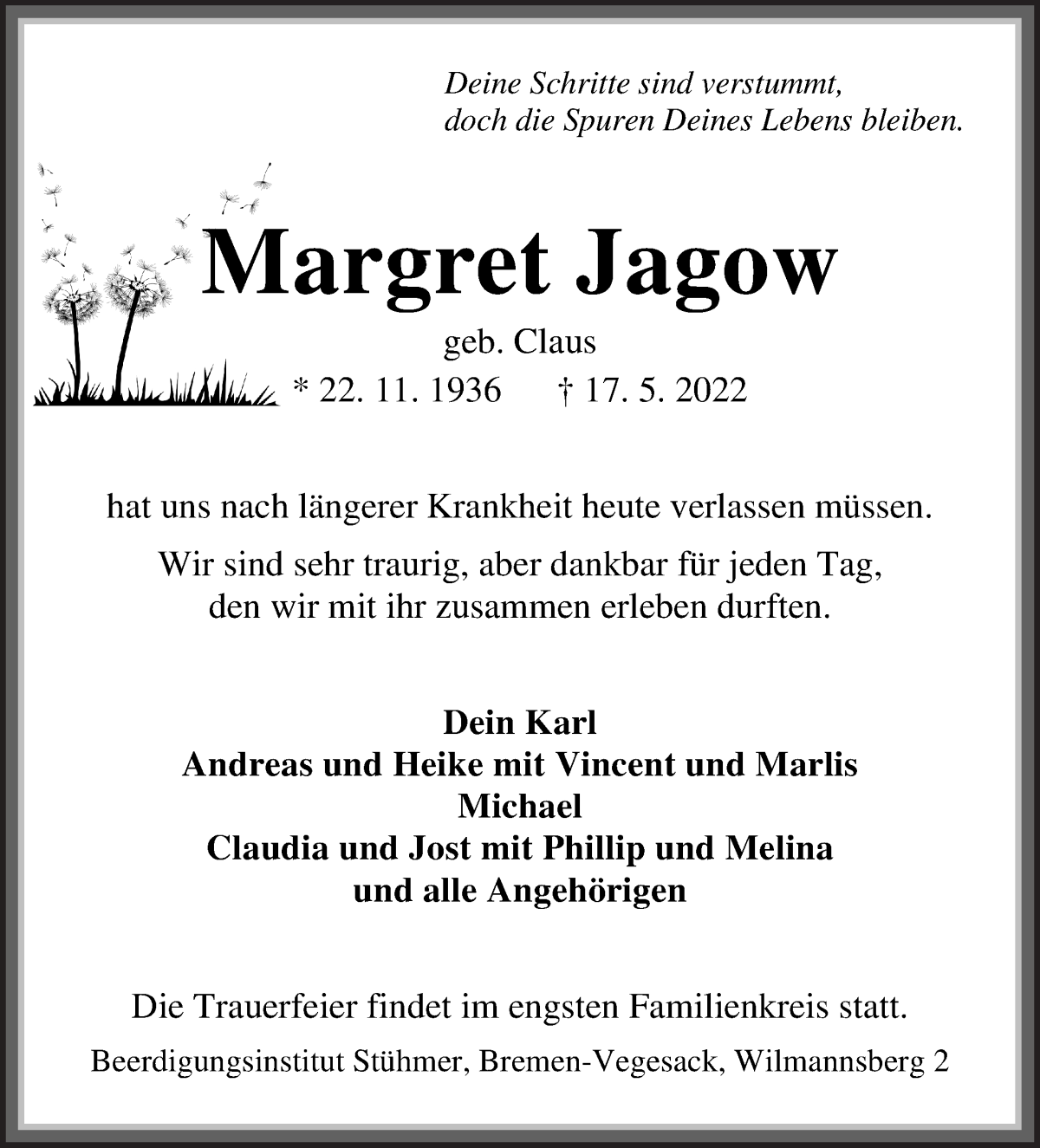 Traueranzeige von Margret Jagow von Die Norddeutsche