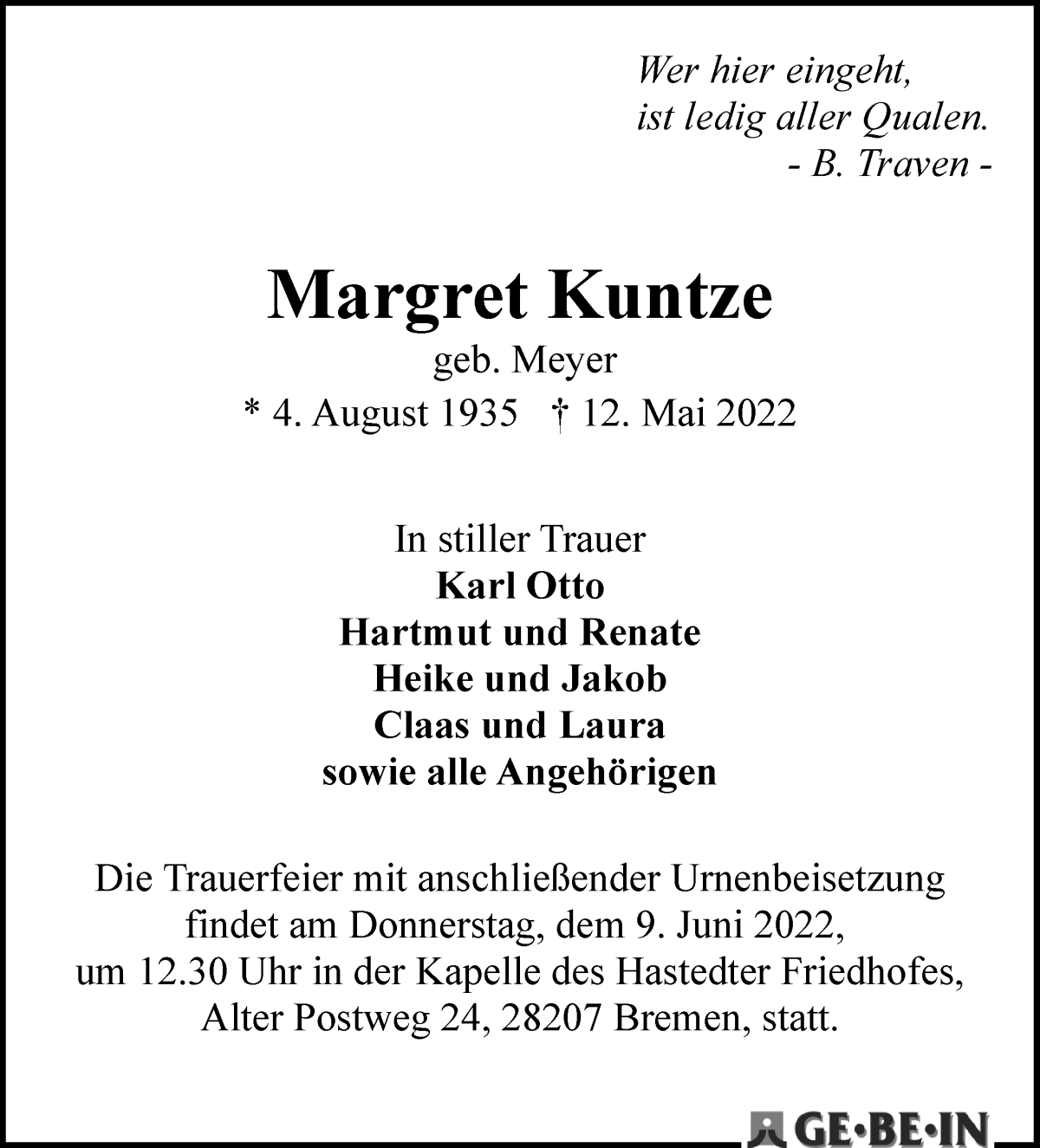 Traueranzeige von Margret Kuntze von WESER-KURIER